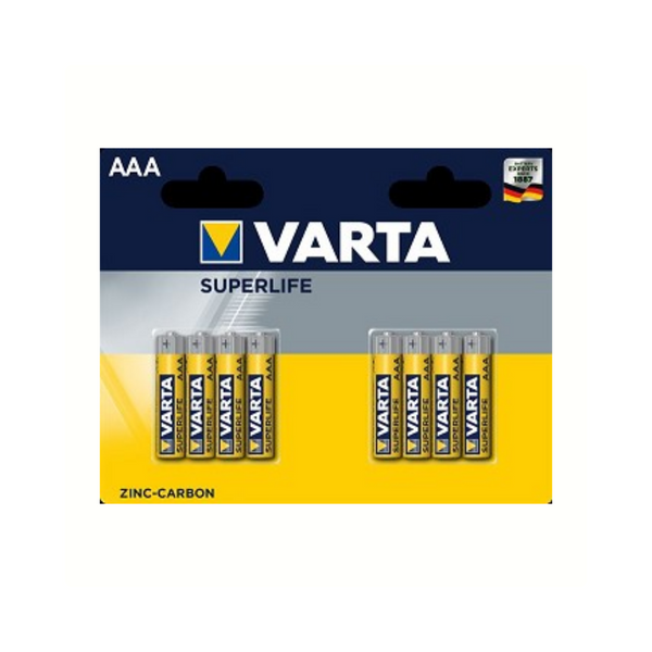 Piles Varta Superlife AAA. Zinc-Carbone. par 8 sous blister. (emballage suspendu)