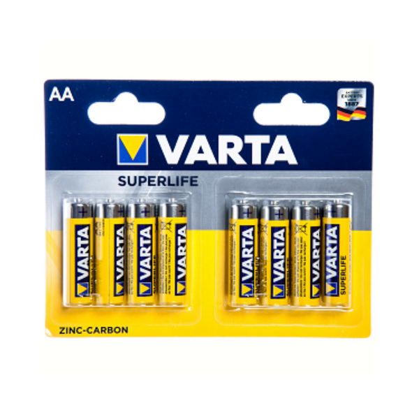 Piles Varta Superlife AA. Zinc-Carbone. par 8 sous blister. (emballage suspendu)