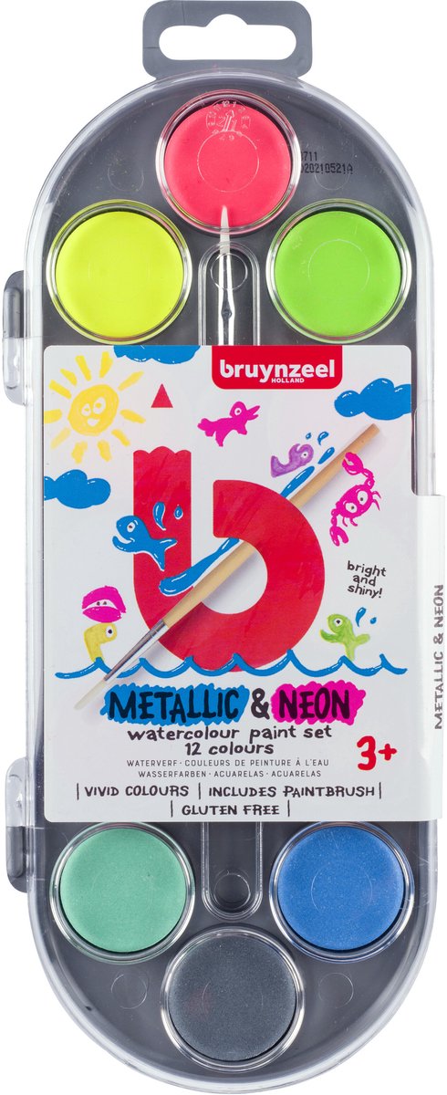 Bruynzeel kinderwaterverfset van 12 metallic neonkleuren