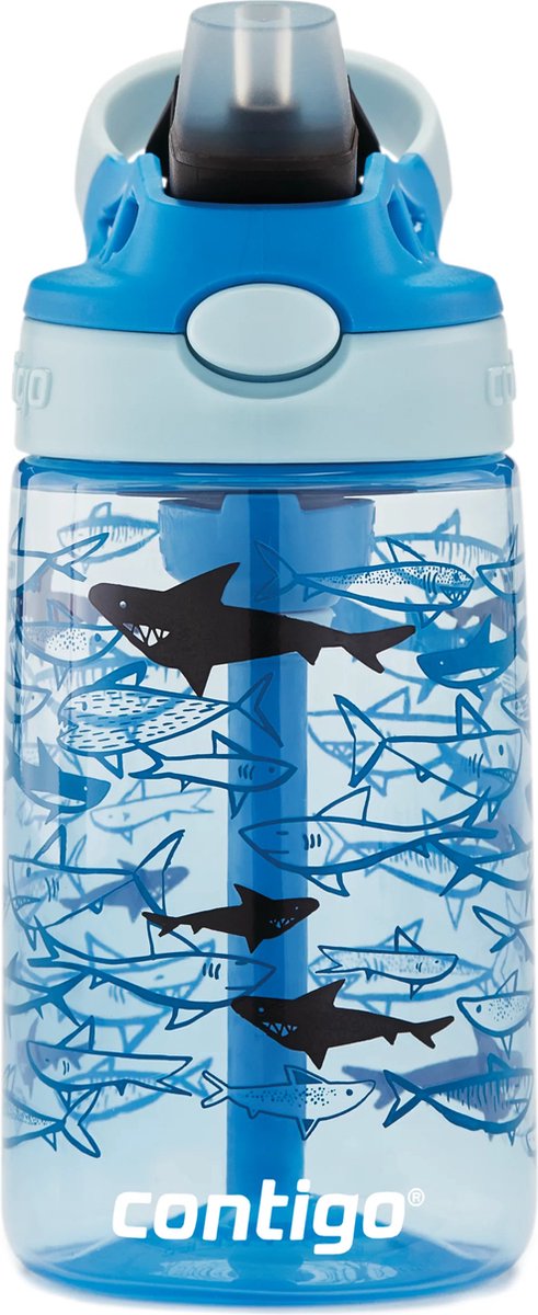 Contigo easy clean autospout kinderdrinkfles met rietje, bpa-vrije stevige waterfles, 100% lekvrij, eenvoudige reiniging, ideaal voor kinderdagverblijf, kleuterschool, school en sport, 420 ml | sharks