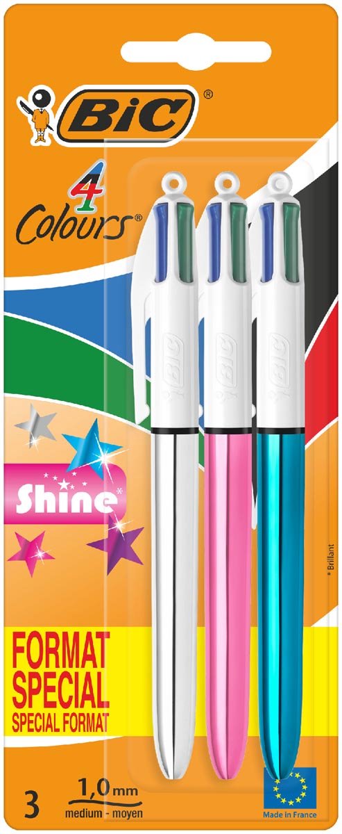 Bic colours shine 4-kleurenbalpen | medium | klassieke inktkleuren | blister van 3 stuks