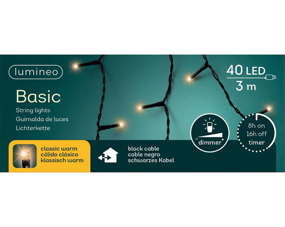 Lumineo led-verlichting 3m 40 lampjes classic warm. met 8-uurs timer en dimfunctie voor binnen en buiten
