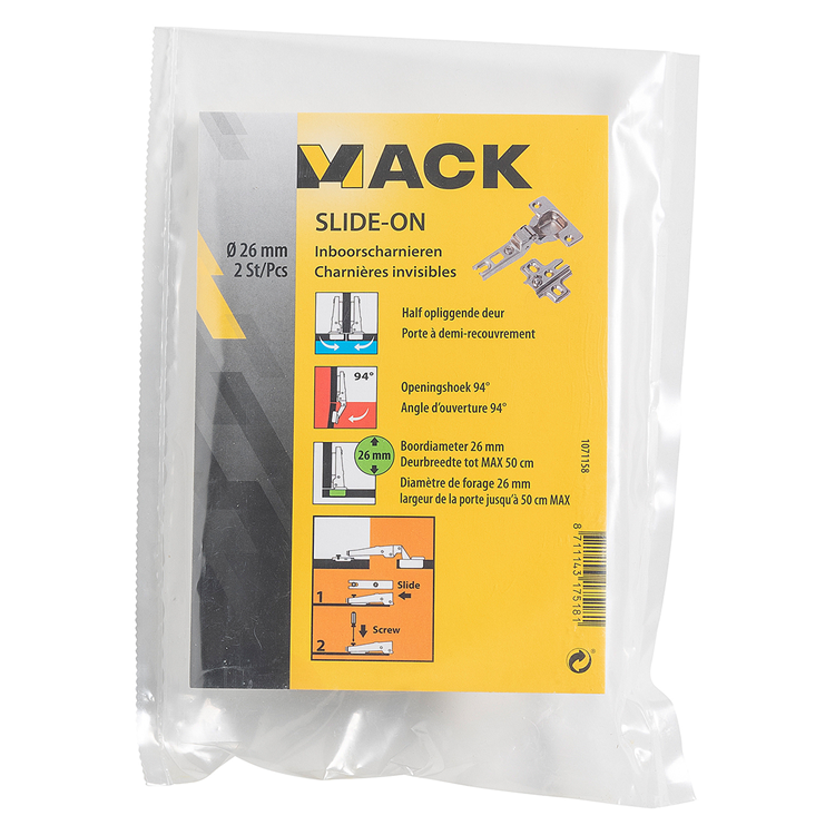 Mack 1071158 - 2 inboorscharnieren slide on 26mm 110° half opliggende deur | 5 stuks