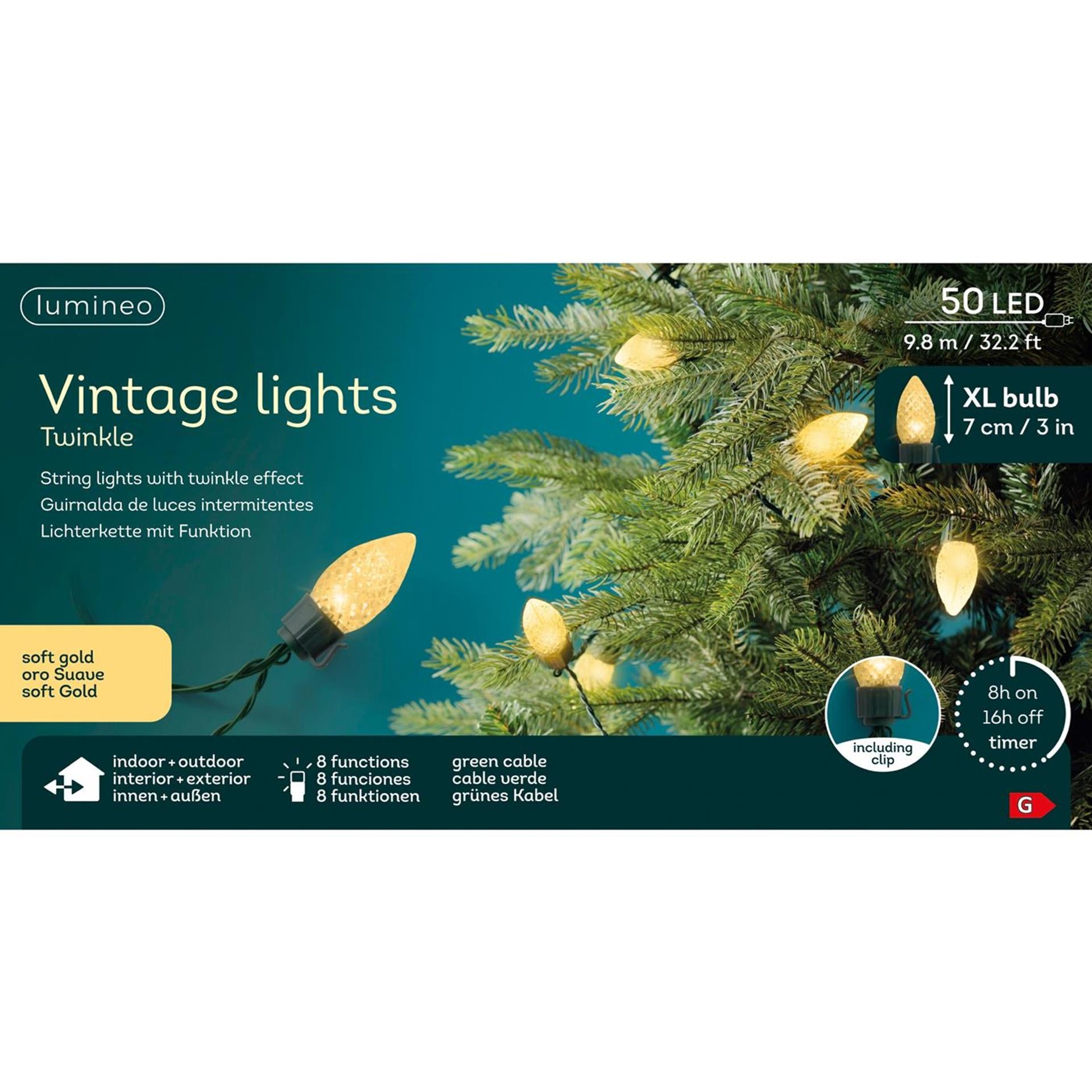 Lumineo led vintage kerstboom verlichtng 8 functie twinkel effect 50led 980cm groen soft gold