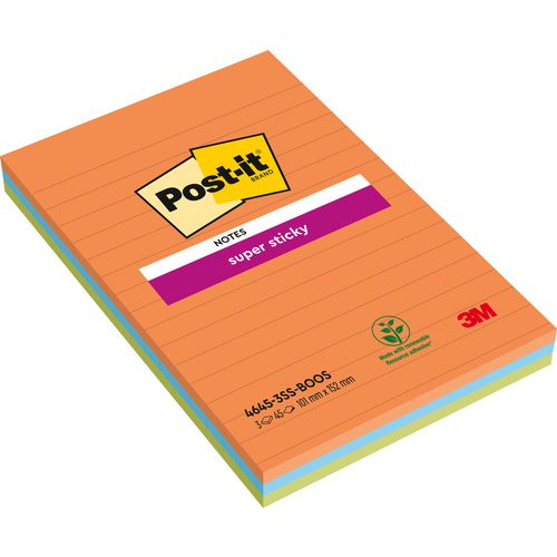 Zelfklevende notes post-it 3 x 90 vel 101 x 152 mm gelinieerd multikleur