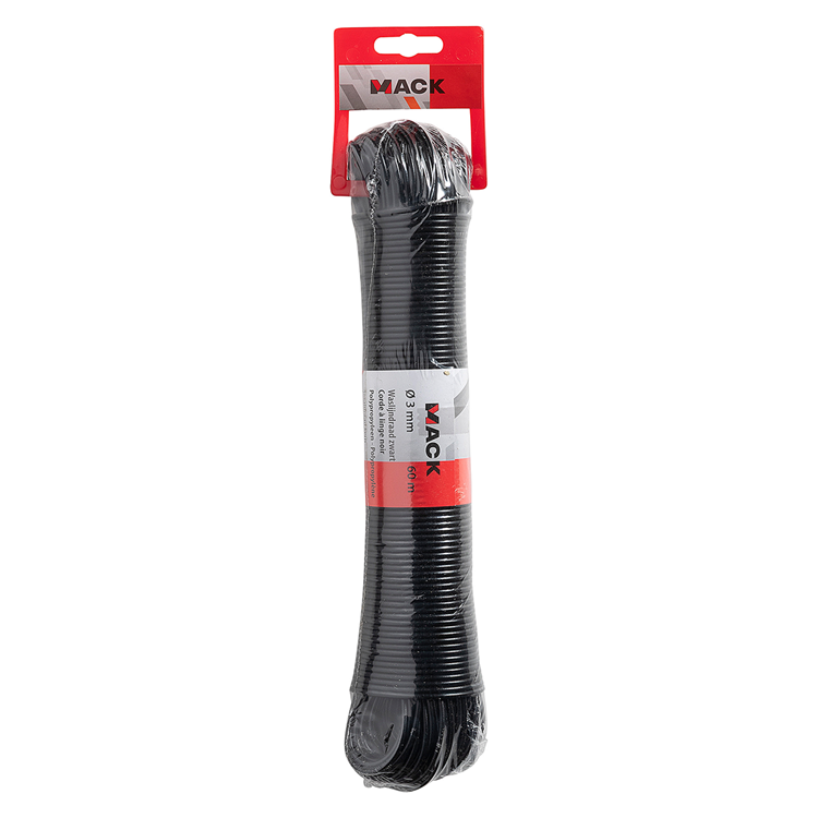 Mack 1073341 - waslijndraad pp zwart streng 3mm 60m met staaldraad kern | 5 stuks