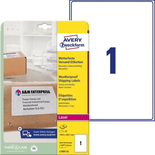Adresetiketten avery wit 25 stuks weerbestendig
