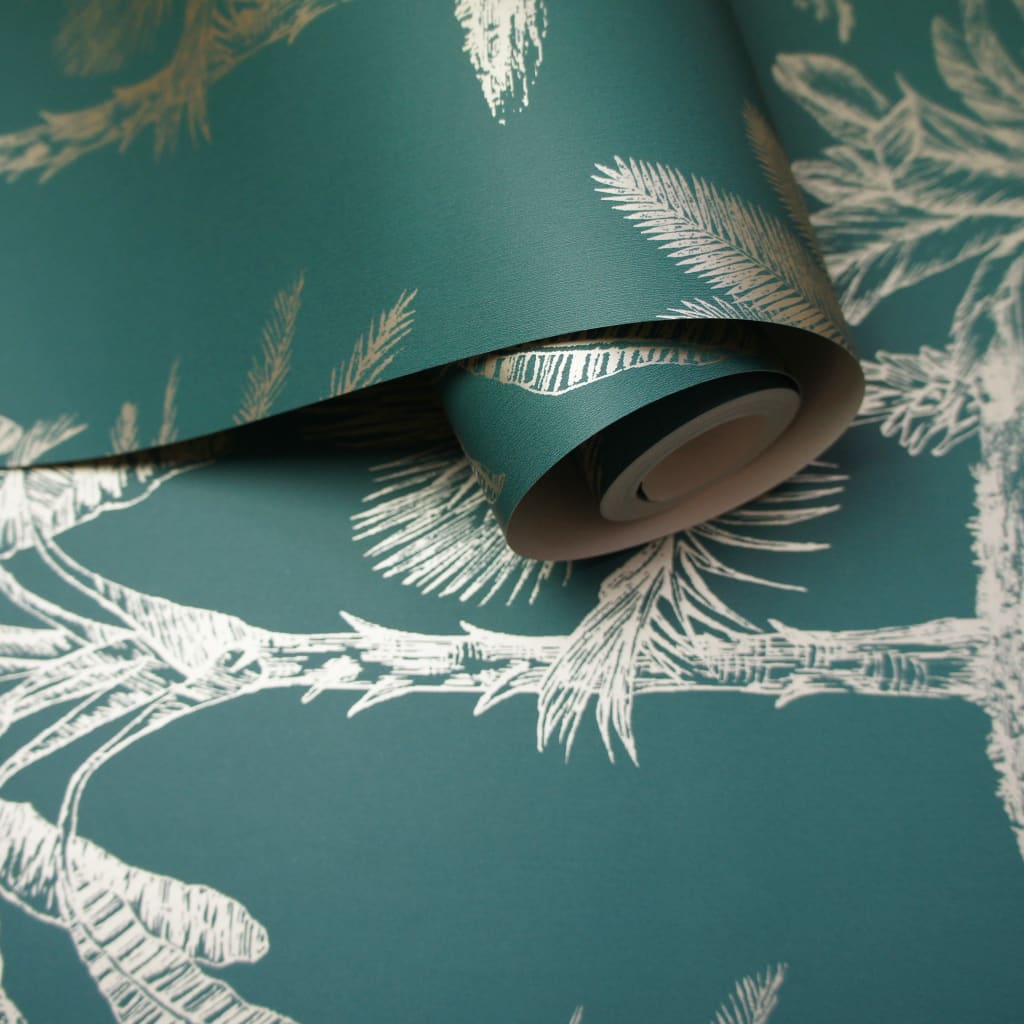 Dutch wallcoverings behang tropische bomen teal en zilverkleurig