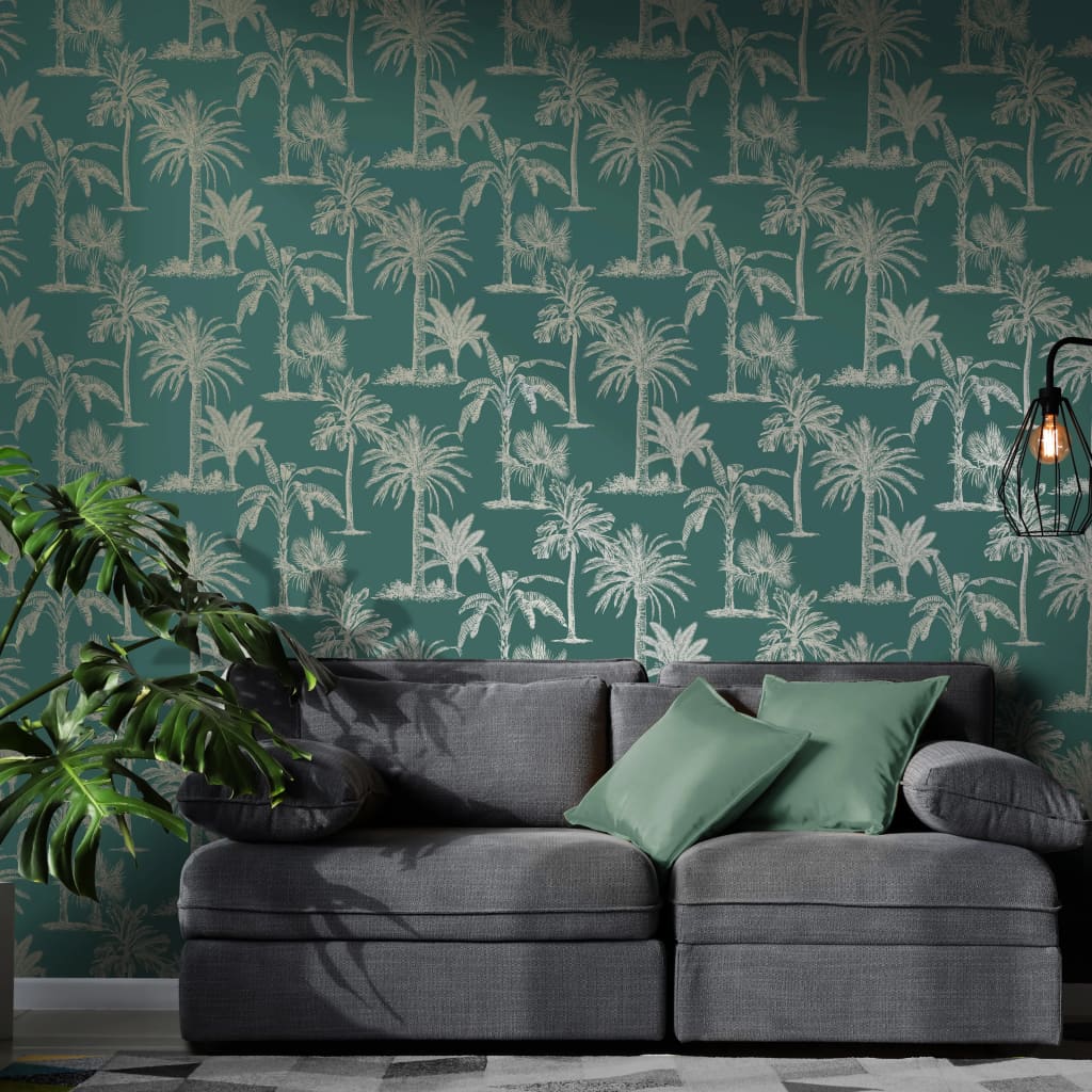 Dutch wallcoverings behang tropische bomen teal en zilverkleurig