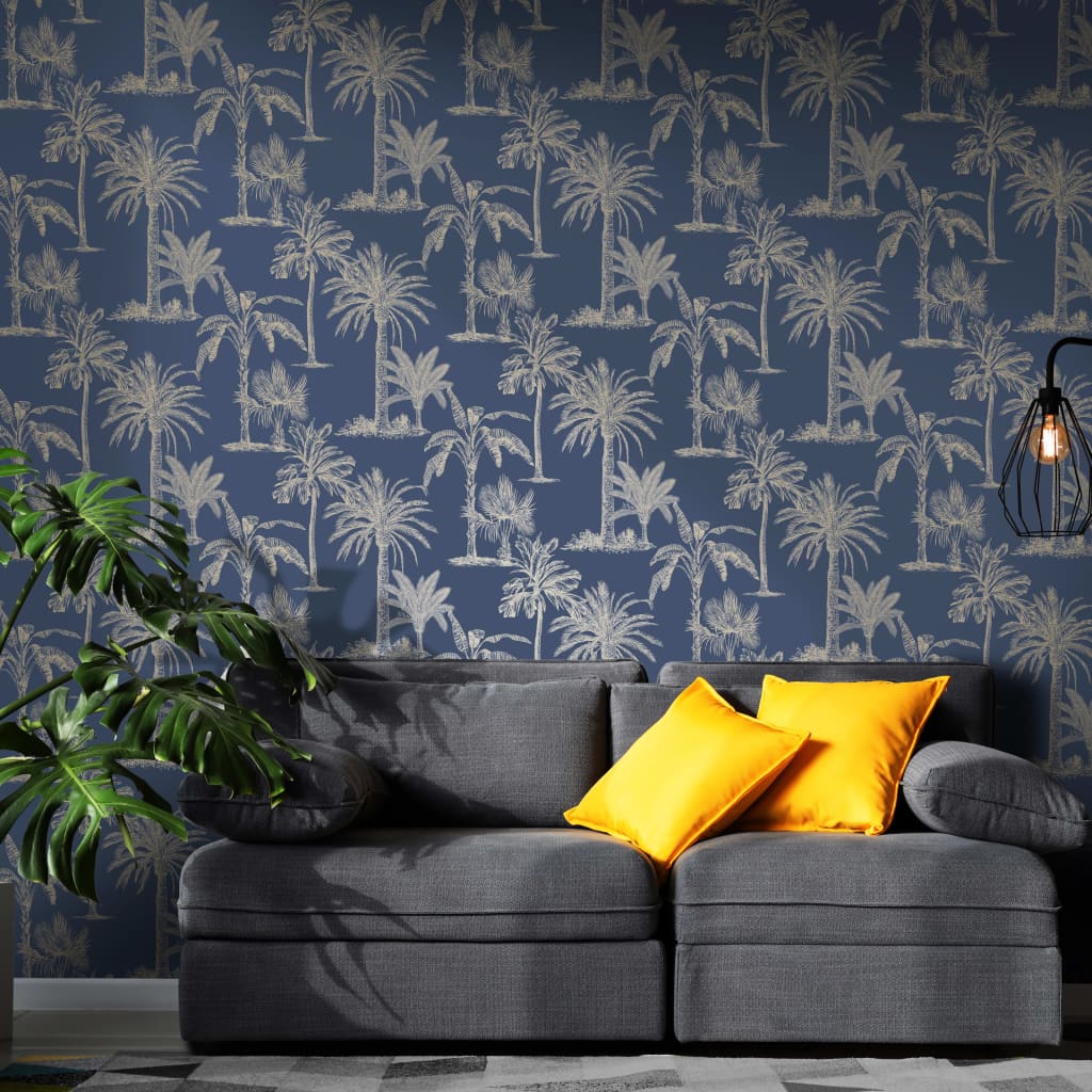 Dutch wallcoverings behang tropische bomen marineblauw en zilverkleurig