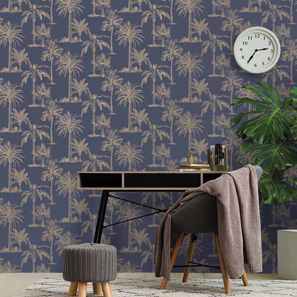 Dutch wallcoverings behang tropische bomen marineblauw en zilverkleurig