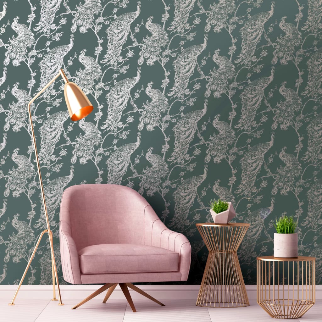 DUTCH WALLCOVERINGS DUTCH WALLCOVERINGS Behang Pauw groen en zilverkleurig