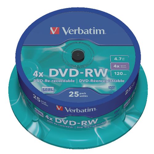 Dvd-rw verbatim 43639 krasvast 4,7gb 4x 120min mat zilver 25 stuks