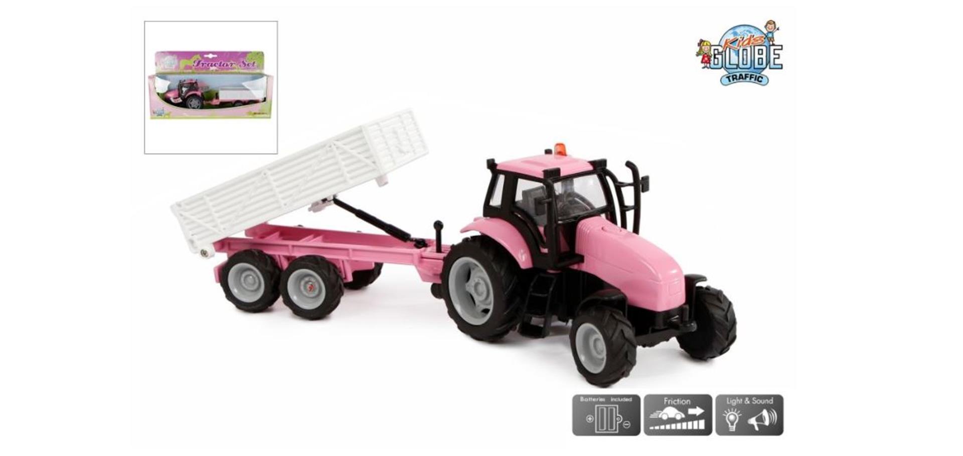 Kids Globe Diecast Tactor met Aanhanger - Roze