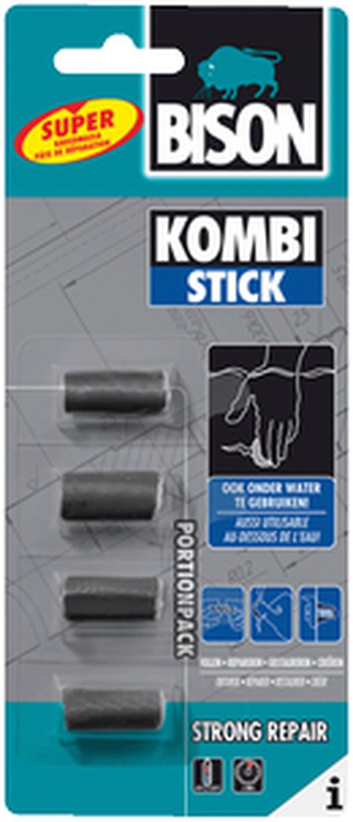 Bison kombi stick 4 x 5 gram porties - handige kleine porties voor 1001 reparaties in en om het huis, snel, overschilderbaar, krimpt niet, binnen buiten, auto, boot, caravan, gereedschap