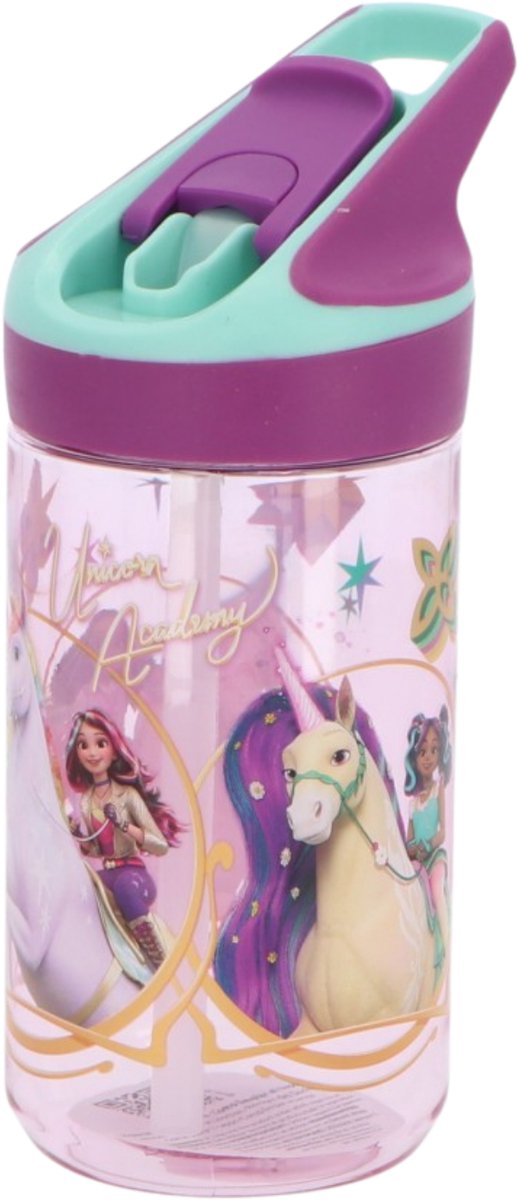 Stor unicorn academy tritan premium drinkfles - 480 ml – sluit goed af – drinkfles voor kinderen – paars turquoise