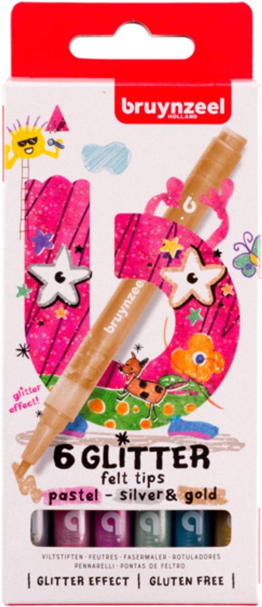 Bruynzeel glitter viltstiften pastel 6 stuks | 3 stuks