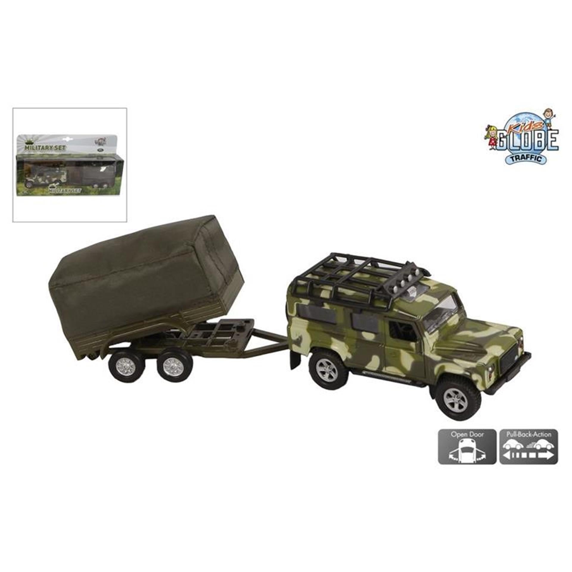 Kids Globe Gegoten Land Rover Met Aanhanger Leger, 27cm