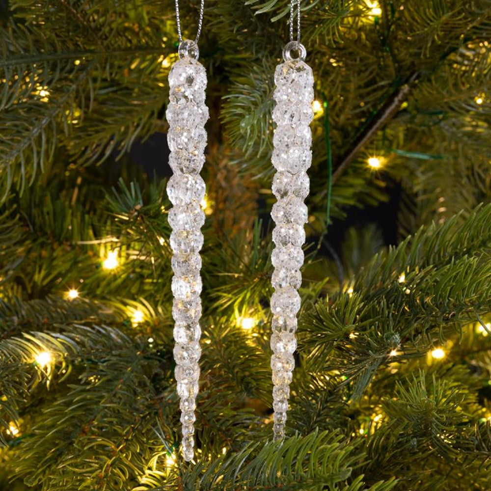 Decoris kersthanger ijspegel acryl met glitter transparant zilver dia1,5cmx14,5cm set a 2