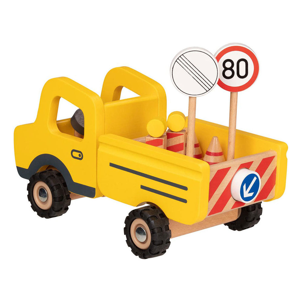 Goki houten werkvoertuig met verkeersborden, 7dlg.