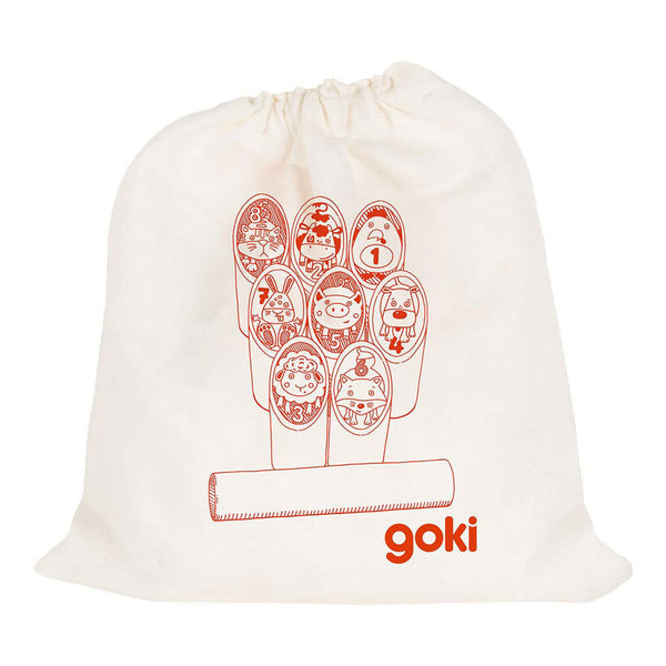 Goki houten viking spel dieren kubb in katoenen zak