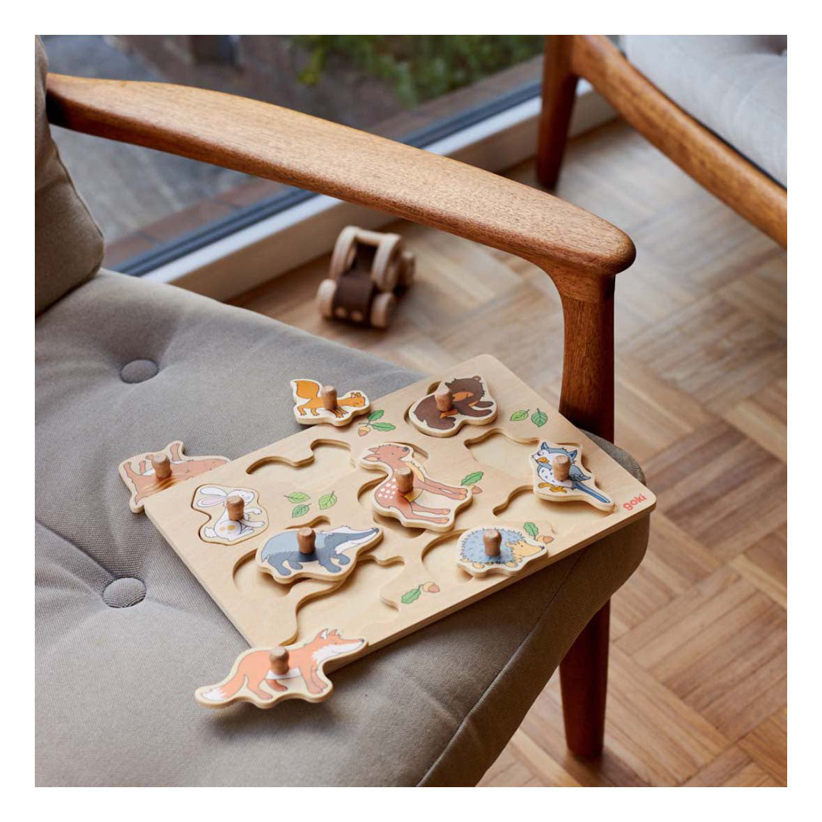 Goki houten noppenpuzzel bosdieren, 9st.