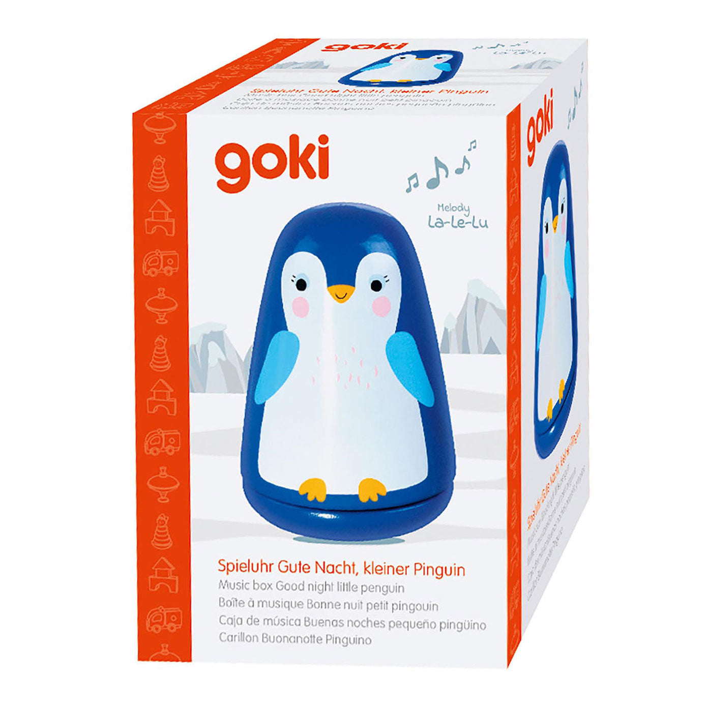 Goki muziekdoos: goedenacht kleine pinguin h11,5xdiam,7,5cm, melodie la-le-lu, in hout
