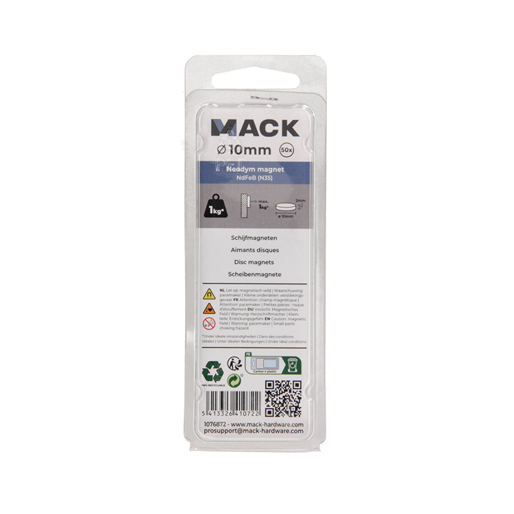 Mack 1076872 - schijfmagneten neodymium 10mm*2mm (n35) - zilver 50st | 4 stuks