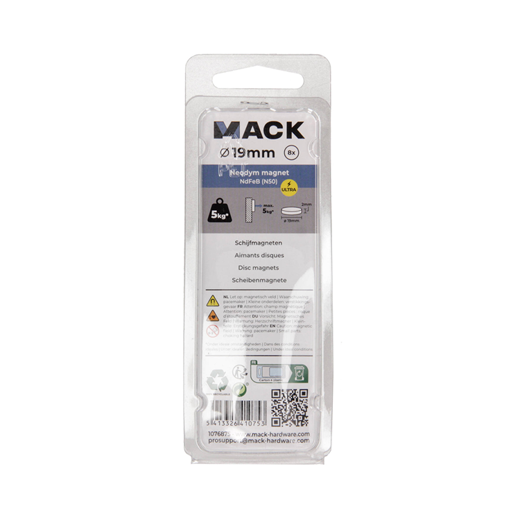 Mack 1076875 - schijfmagneten neodymium 19mm*2mm (n50) - zilver 8st | 4 stuks