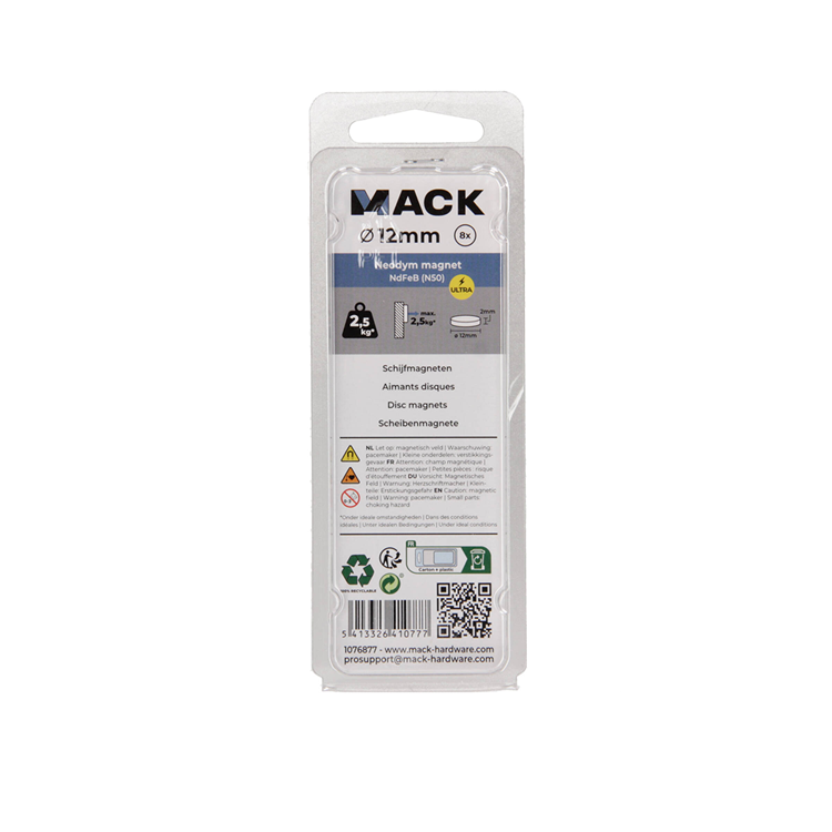 Mack 1076877 - schijfmagneten neodymium 12mm*2mm (n50) - zilver 8st | 4 stuks