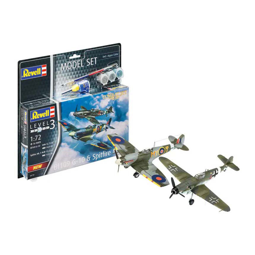 Revell modelbouwpakket - combat set bf109g-10 spitfire mk.v 1:72 - 76dlg. - incl. aqua color basiskleuren verf