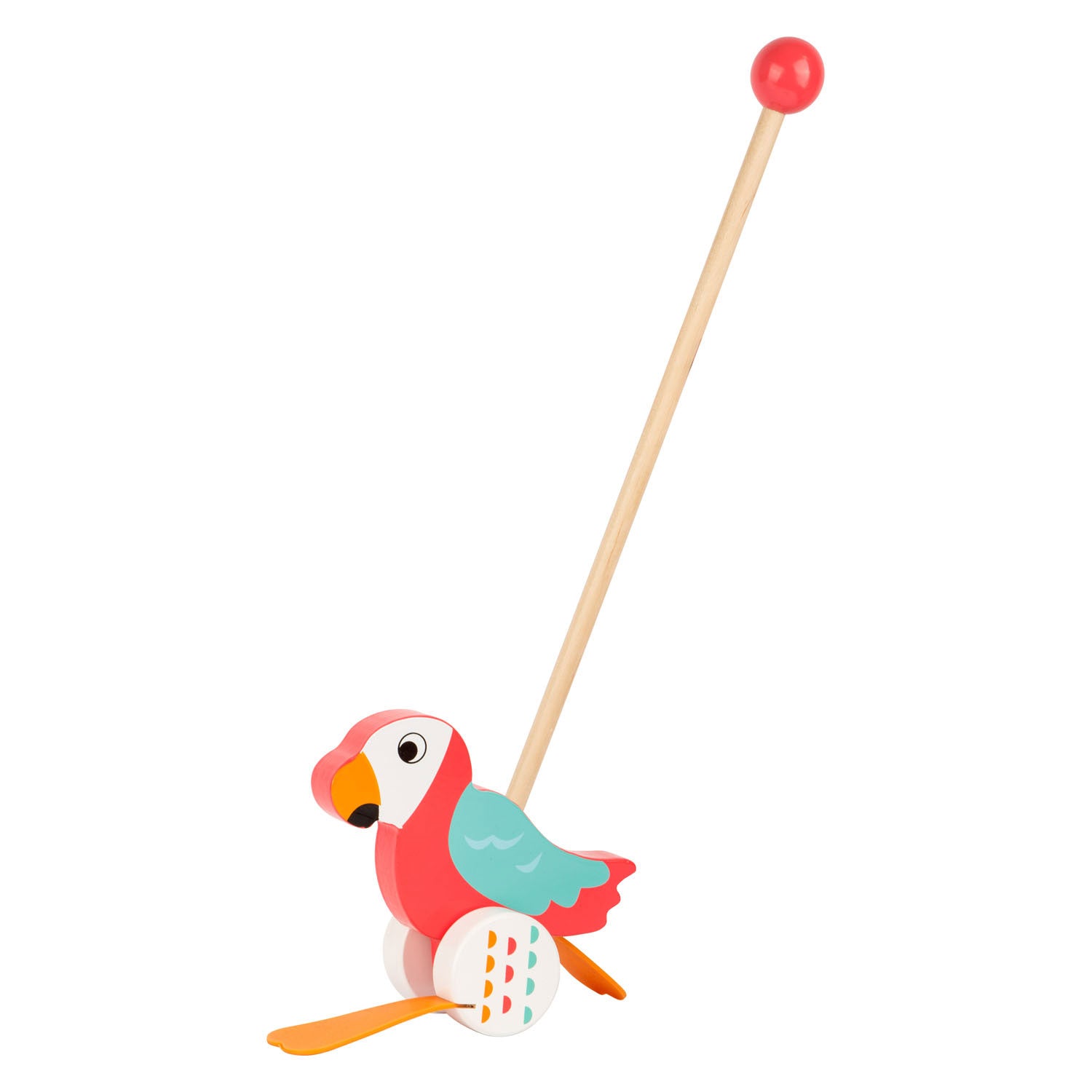 Small foot - houten duwfiguur papegaai lori met stok