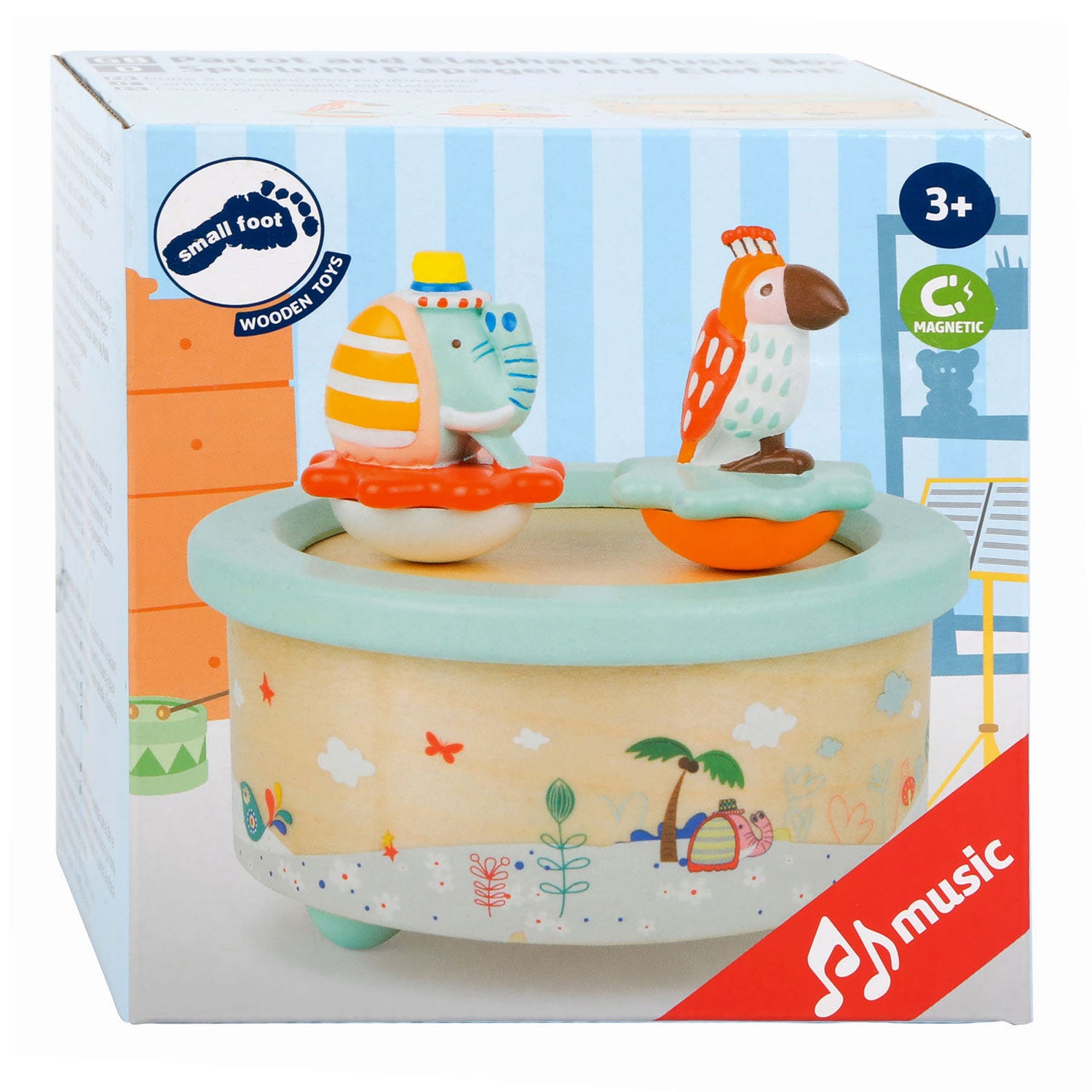 Small foot - wooden music box parrot and elephant