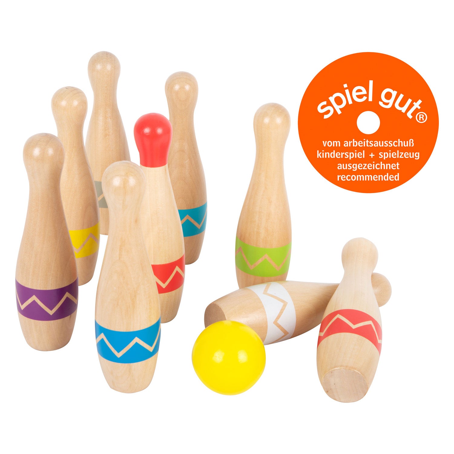 Kleine voet - houten kegelspel met zigzagpatroon, 11dlg.