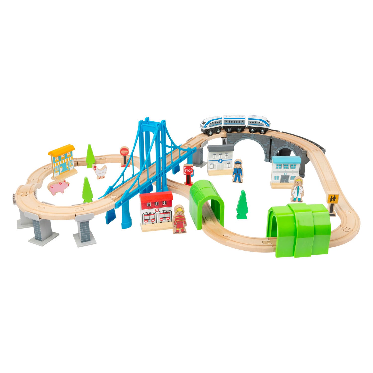Small Foot - Wooden train set with bridge, 60 pcs.
