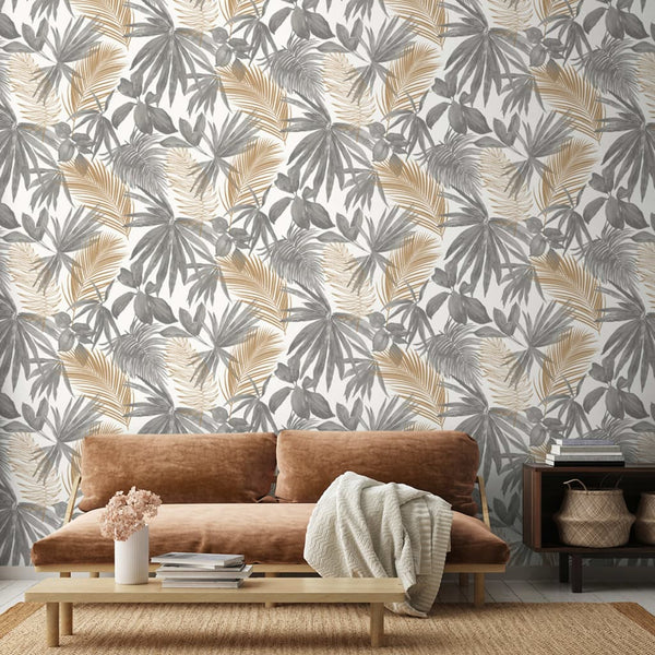 Dutch wallcoverings behang wild palms grijs en beige