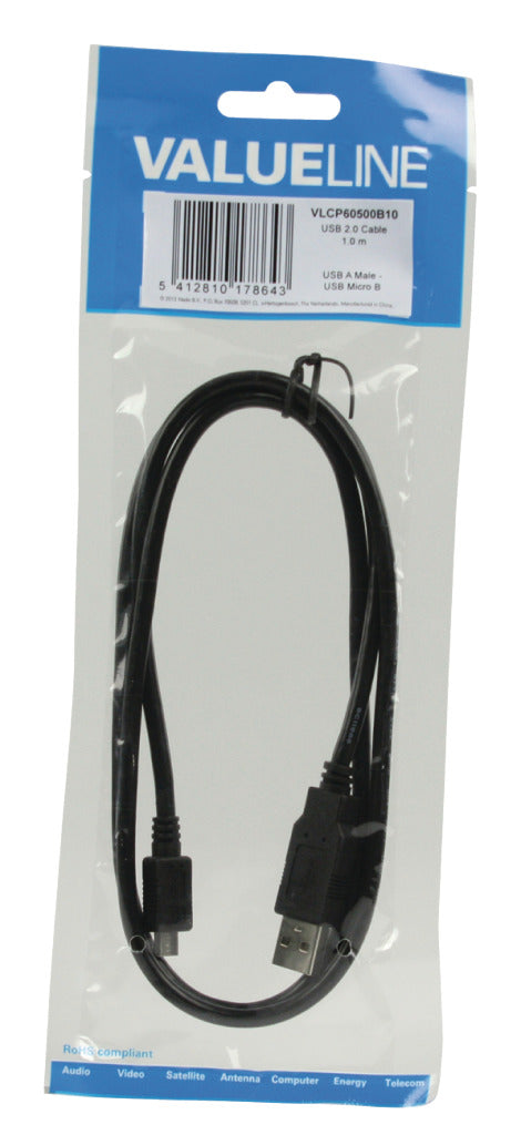 Valueline vlcp60500b10 usb 2.0 usb a male - usb micro b male kabel 1,00 m zwart