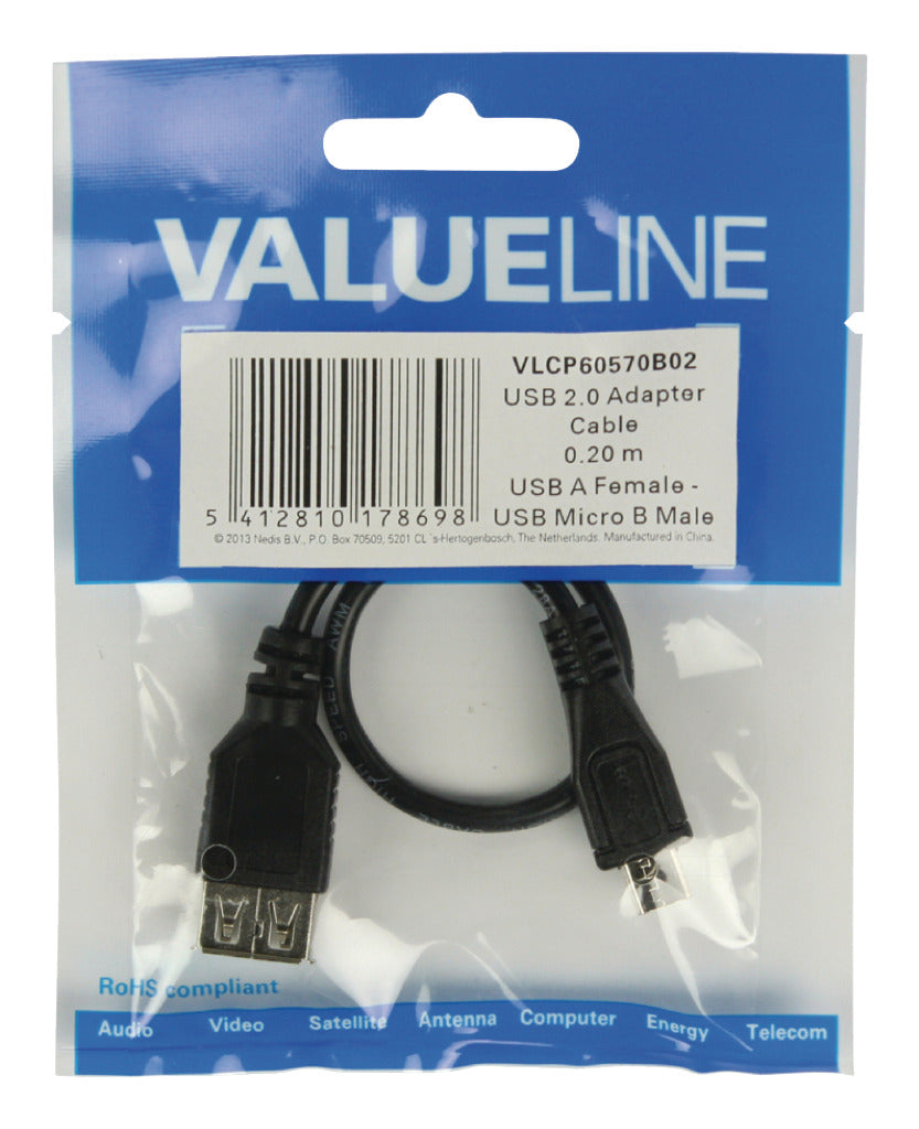 Valueline Valueline Vlcp60570b02 USB 2.0 USB Micro B Vrouwelijk USB A Vrouwelijk Adapter Kabel 0,20 M Zwart