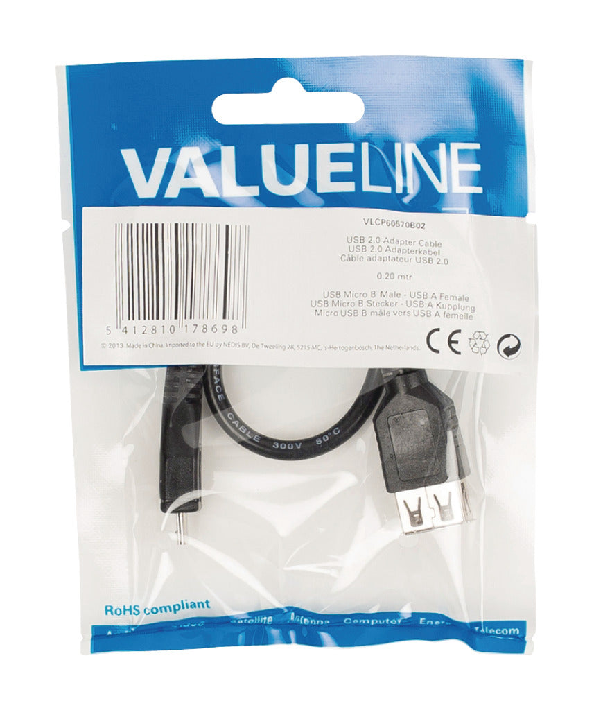Valueline Valueline Vlcp60570b02 USB 2.0 USB Micro B Vrouwelijk USB A Vrouwelijk Adapter Kabel 0,20 M Zwart