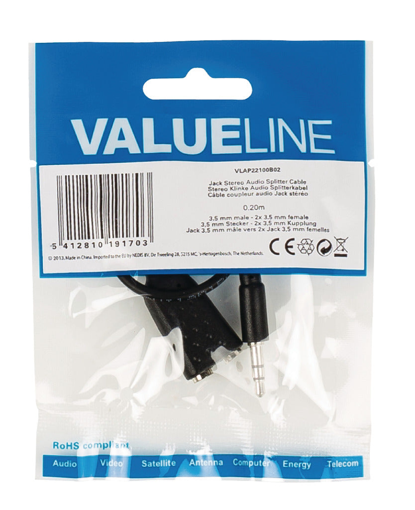 Valueline vlap22100b02 jack stereo audio verdeelkabel 3,5 mm mannelijk - 2x 3,5 mm vrouwelijk 0,20 m zwart