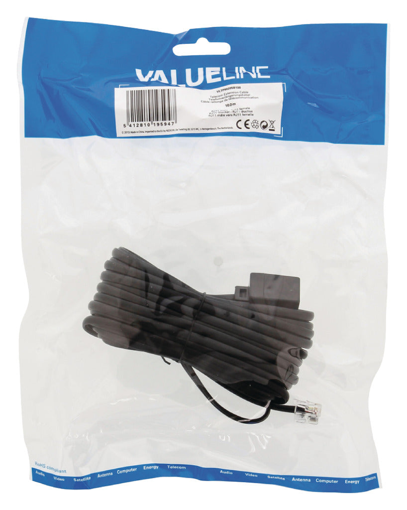 Valueline Valueline VLTP90205B100 Telecom Verlengkabel Rj11 Mannelijke Rj11 Vrouwelijke 10,0 M Zwart