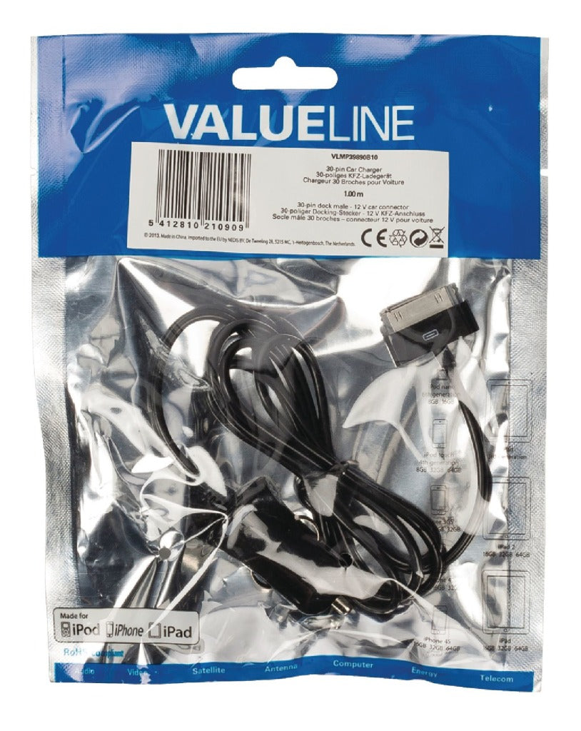 Valueline vlmp39890b10 30-pins autolader 30-pins dock male - 12v-autoaansluiting 1,00 m zwart 2.1a
