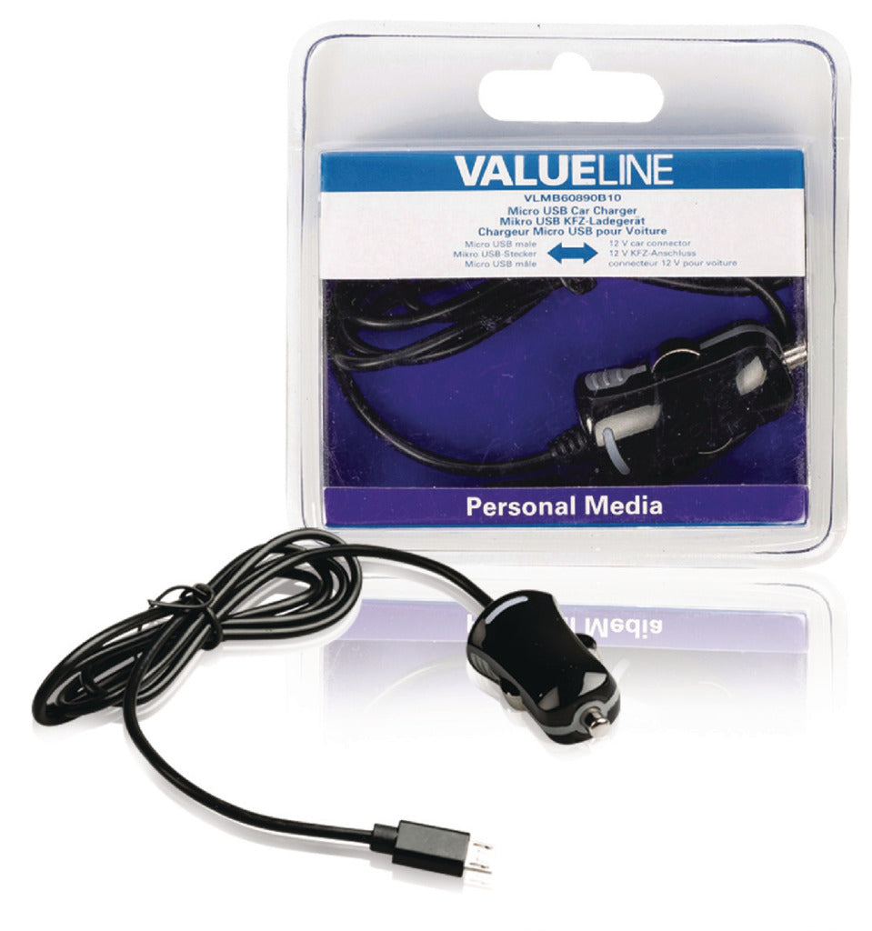 Valueline vlmb60890b10 micro-usb-autolader micro usb male - 12v autoaansluiting 1,00 m zwart 2.1a