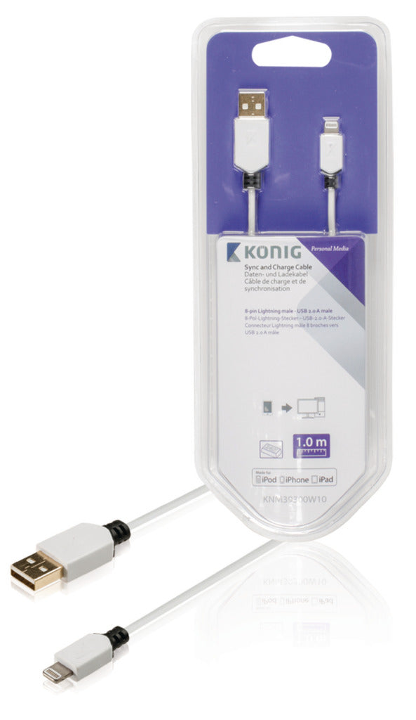 K ouml;nig knm39300w10 synchronisatie- en oplaadkabel 8-pins lightning mannelijk - usb 2.0 a mannelijk 1,00 m wit