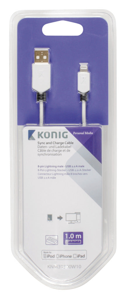 K ouml;nig knm39300w10 synchronisatie- en oplaadkabel 8-pins lightning mannelijk - usb 2.0 a mannelijk 1,00 m wit