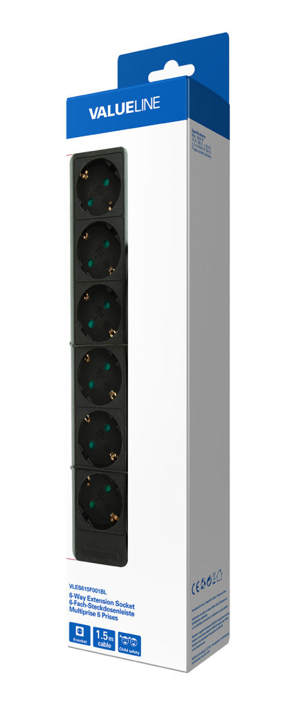 Valueline vles615f001bl stekkerdoos 6-wegs 1,50 m zwart