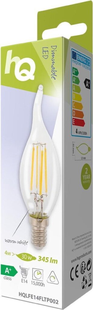 Hq lfe14fltp002 led retro filament lamp e14 dimbaar gebogen kaars 4 w 345 lm 2700 k