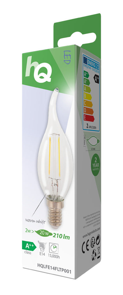 Hq lfe14fltp001 led retro filamentlamp e14 gebogen kaars 2 w 210 lm 2700 k