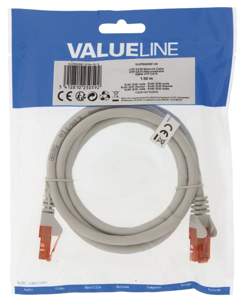 Valueline vlcp85200e1.50 cat6 utp netwerkkabel rj45 (8 8) mannelijk - rj45 (8 8) mannelijk 1,50 m grijs