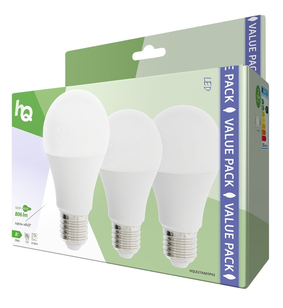 Hq le27a603p02 ledlamp 3 stuks e27 a60 9w 806 lm 2700k